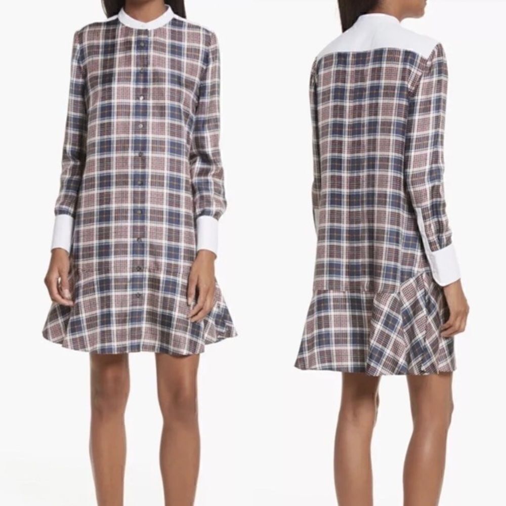 Tory Burch Cora Milano Tartan Silk Mini Brown Blue Shirt Dress Plaid Size 0